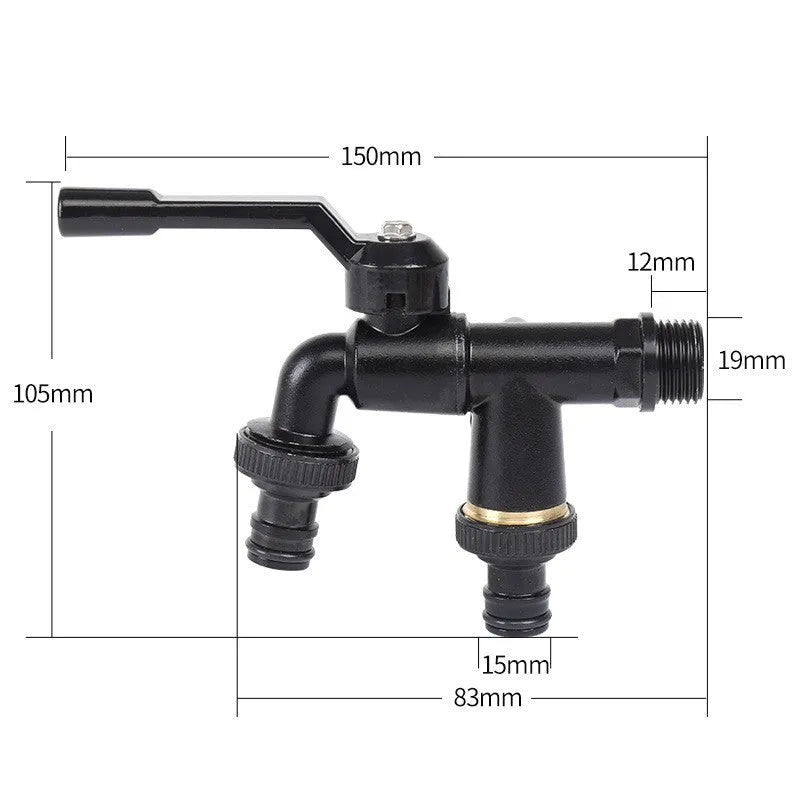 Double water outlet zinc alloy garden tap nozzle, 1/2 inch, black plated finish, in black, red, yellow, blue, or green