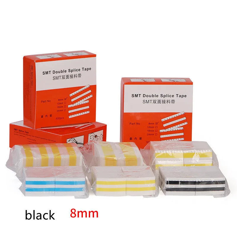 SMT double-sided splicing tape rolls in yellow, black, blue and gum colours showing 8mm, 12mm, 16mm, 24mm width options