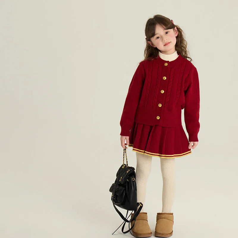 Red knit cardigan and pleated skirt two-piece set for girls in velvet yarn fabric