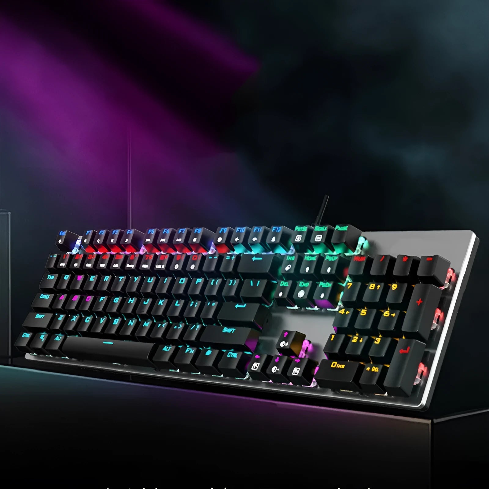 AOC GK410 wired mechanical keyboard with metal body and white backlit keys on a dark desk.