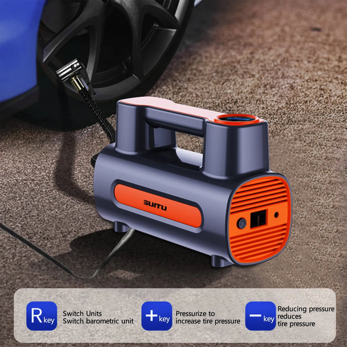 Cordless tyre inflator with digital display and LED light charging via USB