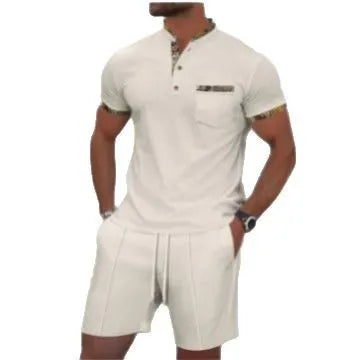 Men's grey cotton blend zip-up polo jacket and shorts suit set on a hanger.