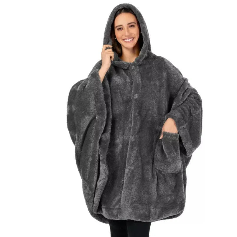 A hooded, long sleeve bathrobe in a cardigan style, shown in a solid colour.