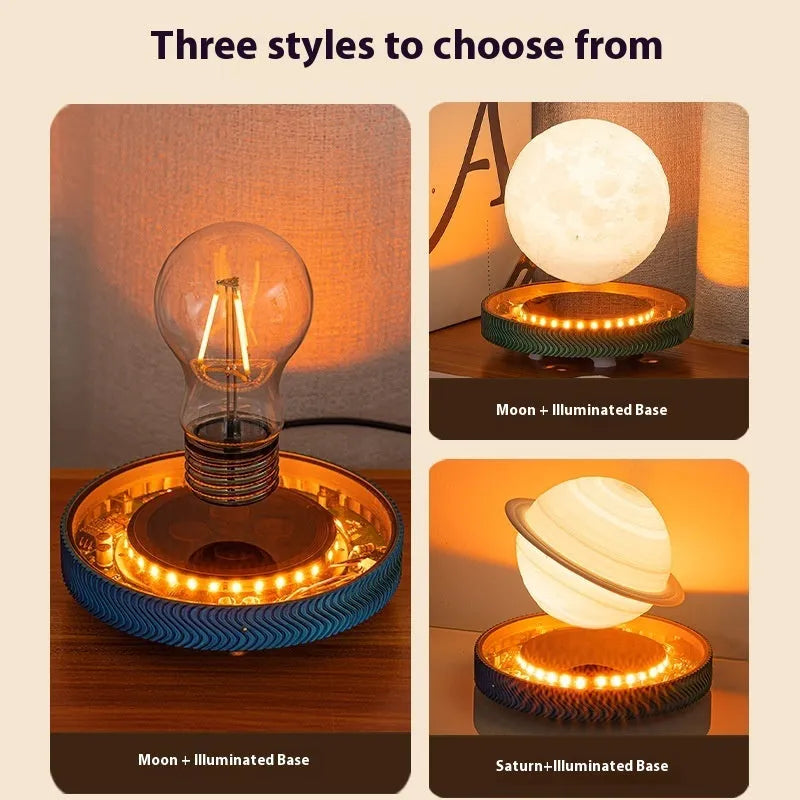 Modern magnetic levitation lamp with a 3D-printed spherical moon ornament floating above its base.