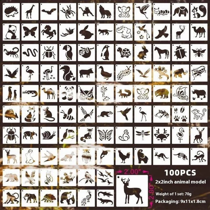 Milky white PET film spray painting stencils showing animal, floral, and letter design templates.