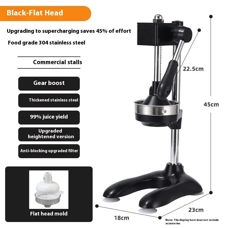 Vertical stainless steel manual citrus juicer shown in selected colour with chosen head style: pointed, flat, or double.