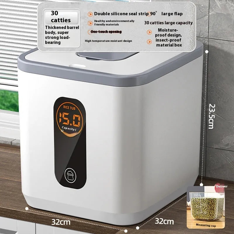 Grey plastic sealed rice storage jar with a lid, shown with a measuring cup.