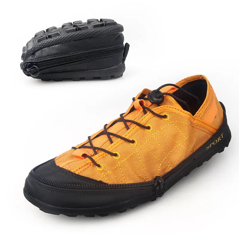 Orange folding outdoor shoes with mesh upper and side zipper closure