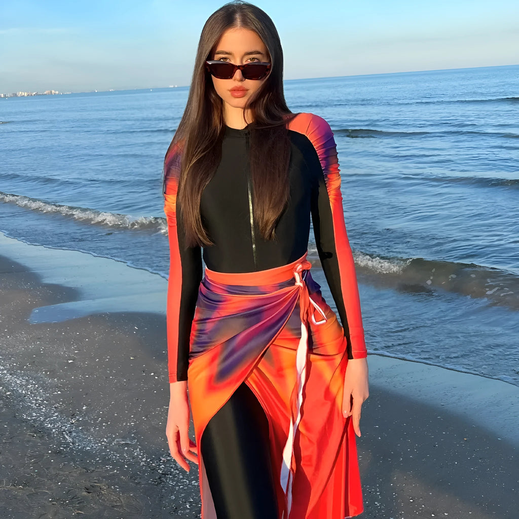 Sun protection beach swimsuit three-piece set women's polyester bikini conservative pattern colour 427 sizes S-XL
