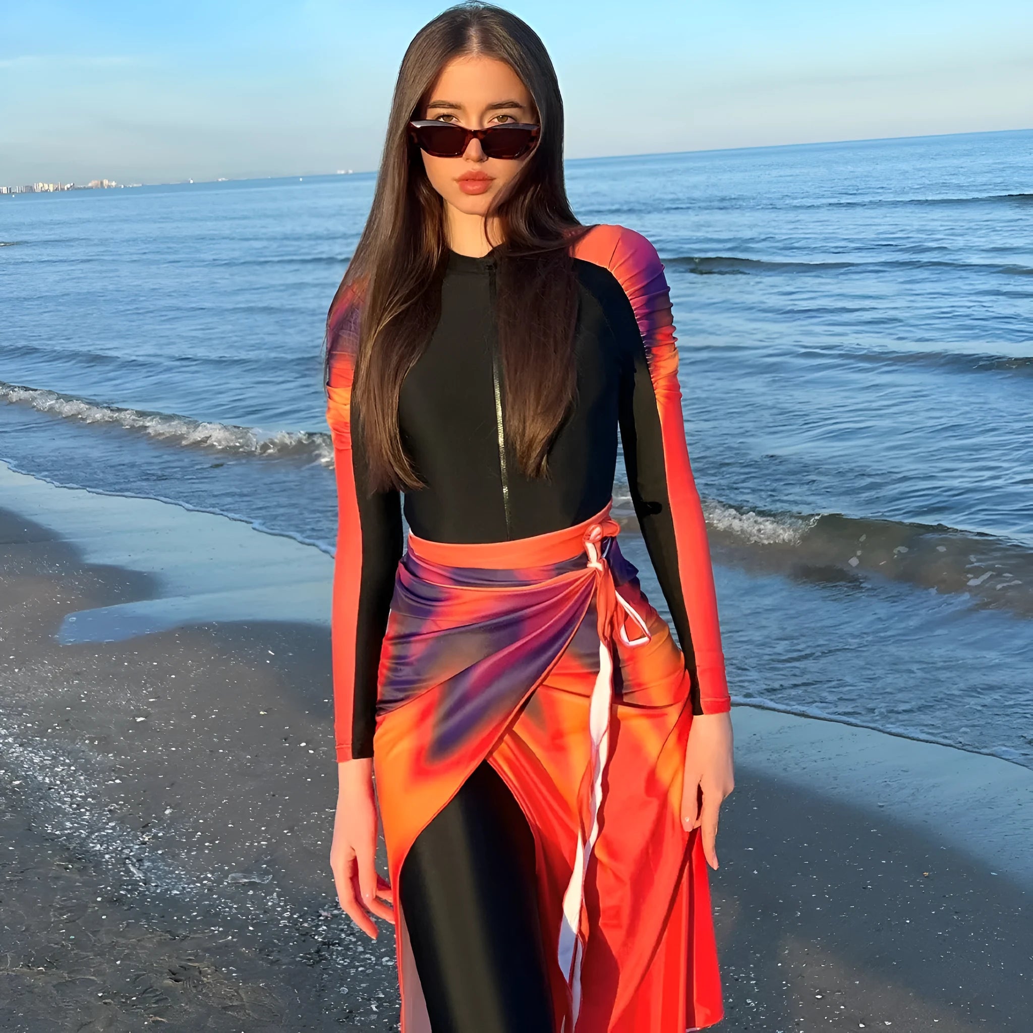 Sun protection beach swimsuit three-piece set women's polyester bikini conservative pattern colour 427 sizes S-XL
