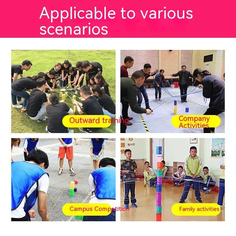 ABS plastic team building tower kit with pull ropes and multiple coloured components for group collaboration activities