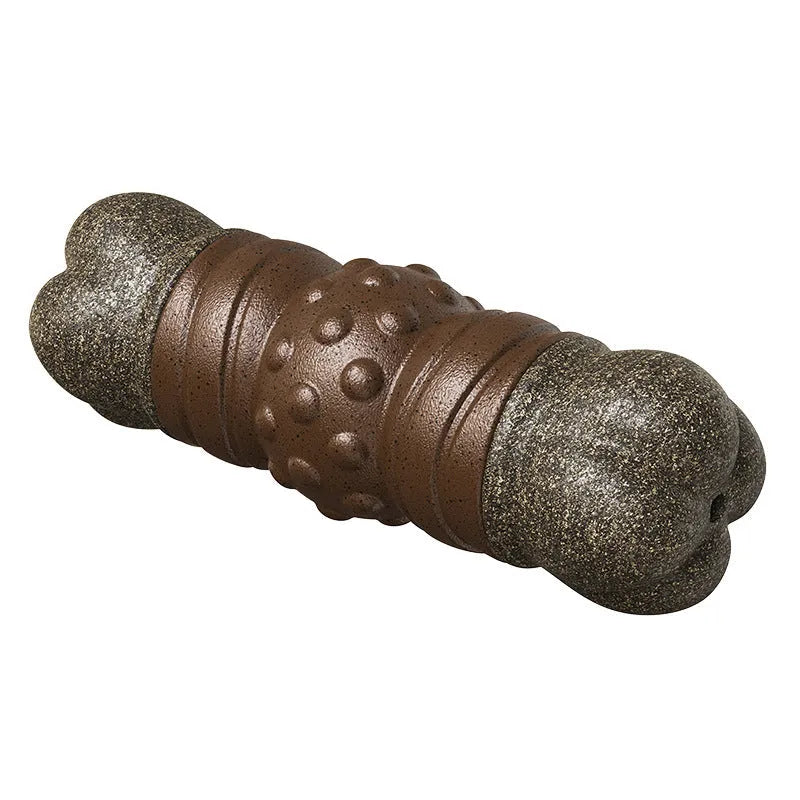 Wood colour plastic bone-shaped dog chew toy with a textured surface for dental cleaning.