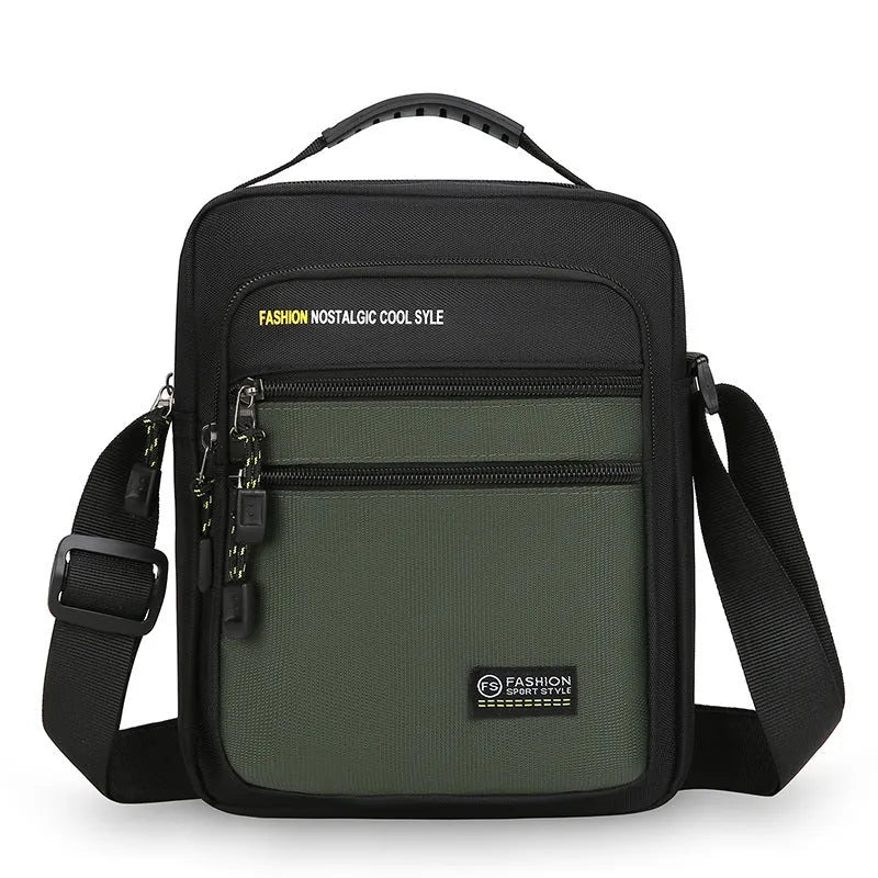 Men's nylon crossbody bag in a solid colour with a shoulder strap, showing urban simplicity style.