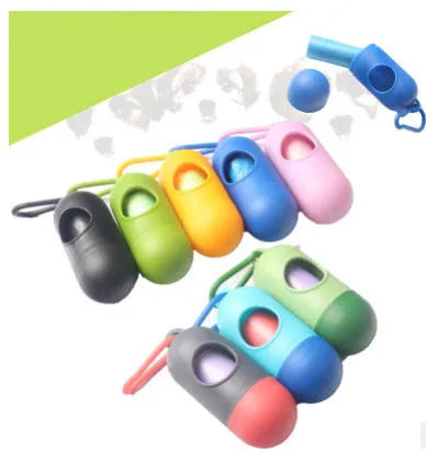 Small plastic dog poop bag dispenser with a side hook and Velcro strap in assorted colours.