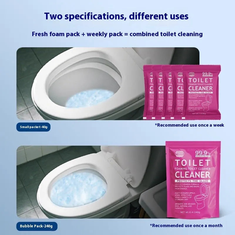Box and bag of effervescent toilet cleaning powder in blue ocean and pink floral fragrances.