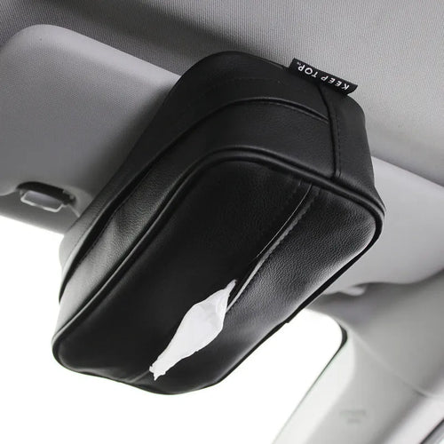 Black PU leather hanging storage bag with hook for car or home organisation
