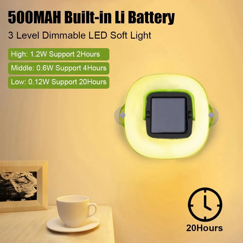 Collapsible camping lantern in Black or Green with solar panel, USB charging, 160lm warm white light, IP68 rating, and 2.5cm folded thickness