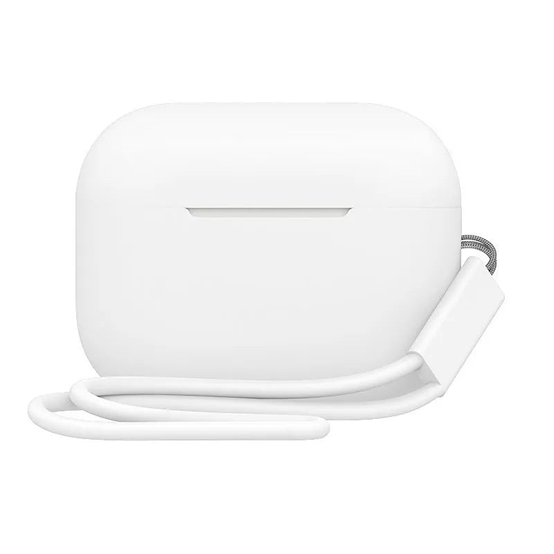 Silicone protective case cover for AirPods Pro 2 with attached lanyard, solid colour finish, 65x52x26mm
