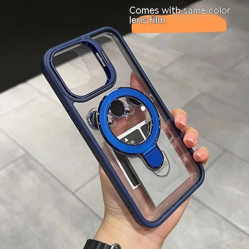 Magnetic silicone iPhone case with invisible bracket and lens cover in black, dark night purple, orange, or titanium grey.