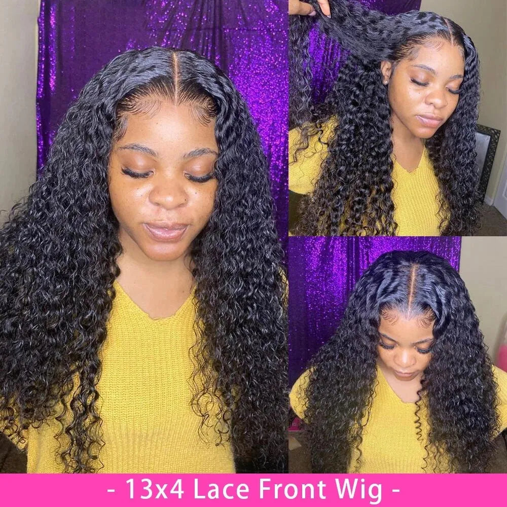 Curly human hair lace front wig for women, 150 density, full hand-woven, 13x4 lace closure, natural black colour