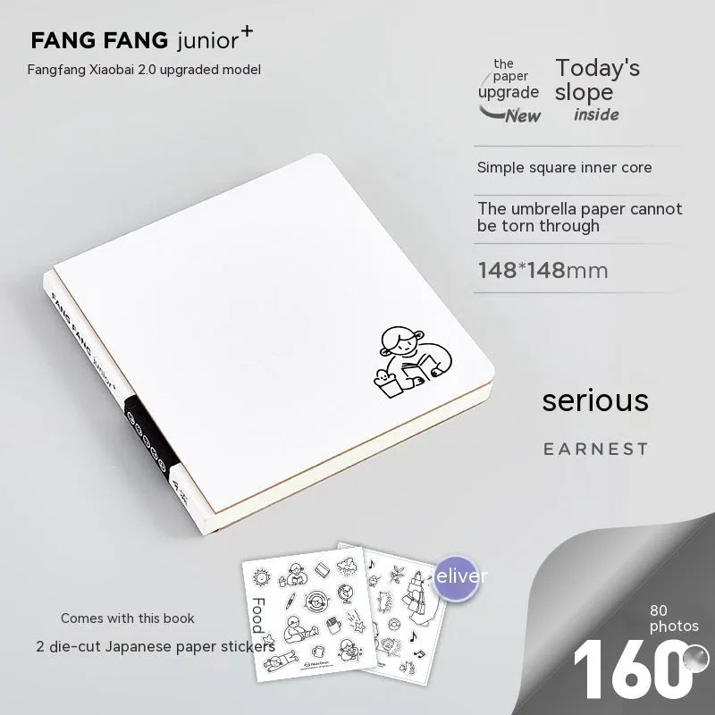 Square white paper notebook with checkered pages, 148mm size, includes stickers