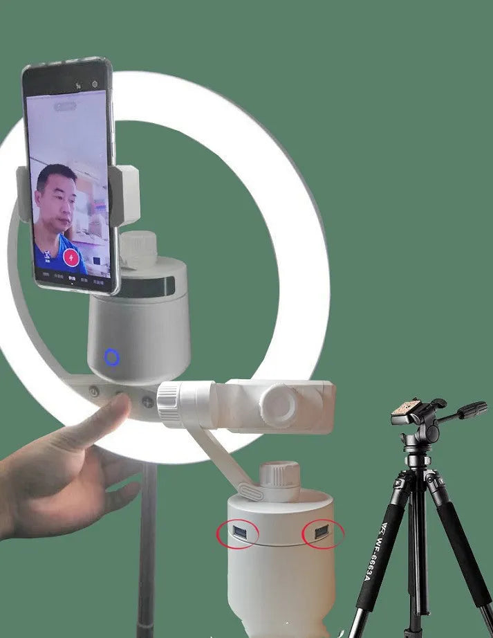GK01 AI face recognition live selfie gimbal in black or white with Bluetooth, 360 follow-up, aluminium alloy body, and dual USB slots