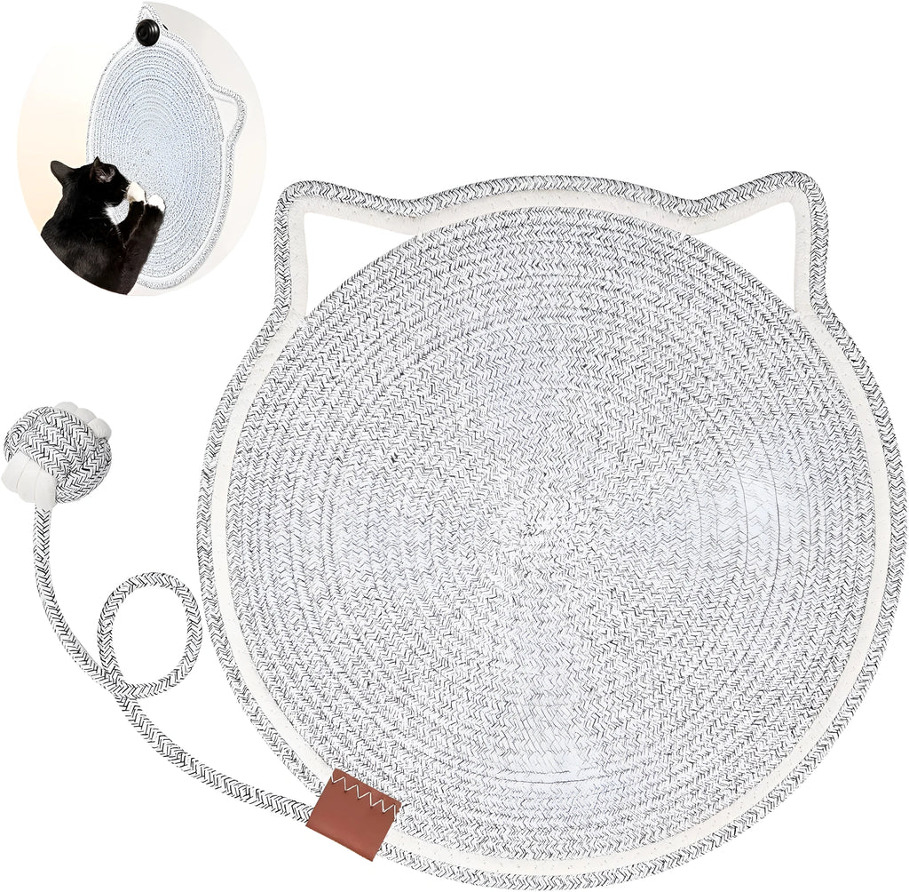 Round natural cotton rope cat scratcher mat with hanging ear and cat ball toy, sizes M 50cm and S 40cm.