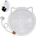 Round natural cotton rope cat scratcher mat with hanging ear and cat ball toy, sizes M 50cm and S 40cm.