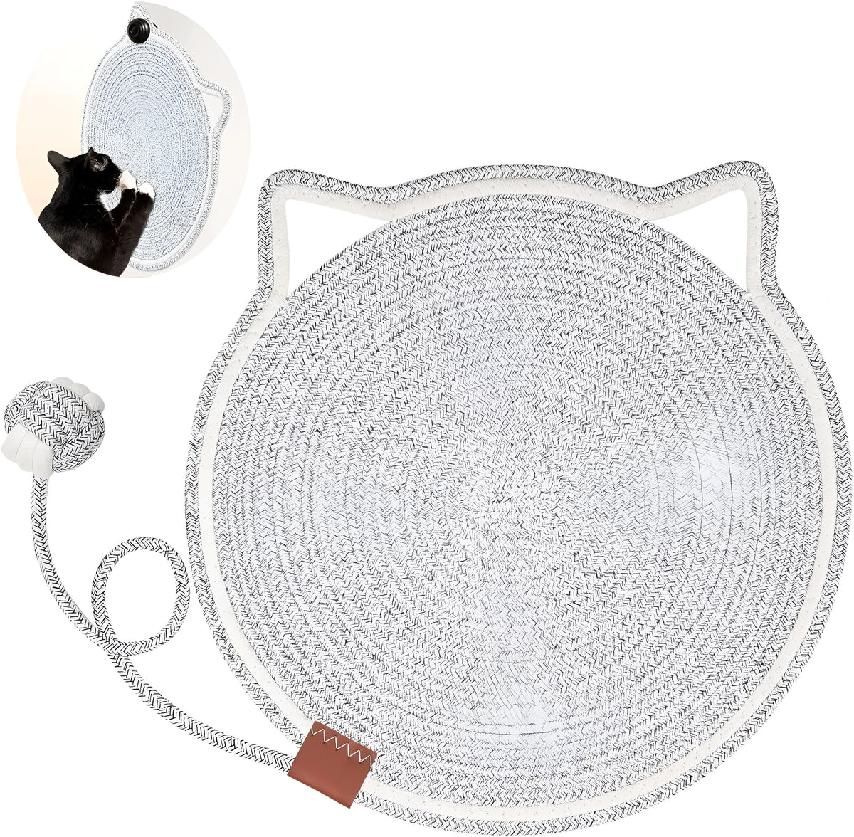 Round natural cotton rope cat scratcher mat with hanging ear and cat ball toy, sizes M 50cm and S 40cm.