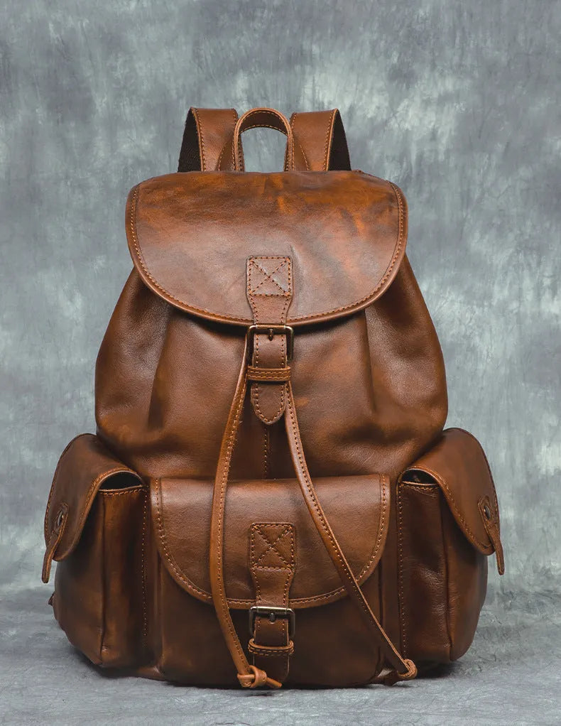 Genuine leather retro backpack for men in light brown with geometric pattern and contrast stitching