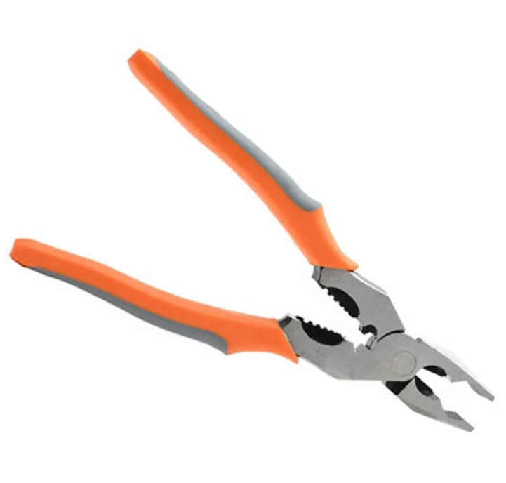 Orange multi-function wire cutter pliers with alloy steel head and plastic handles on a workbench