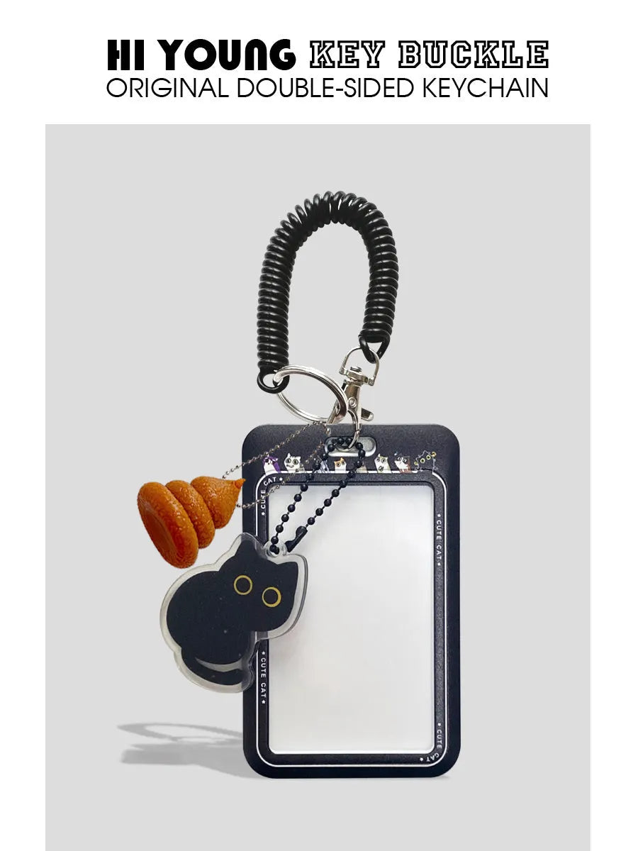 Little black cat cartoon design plastic card holder sleeve with metal split ring keychain.