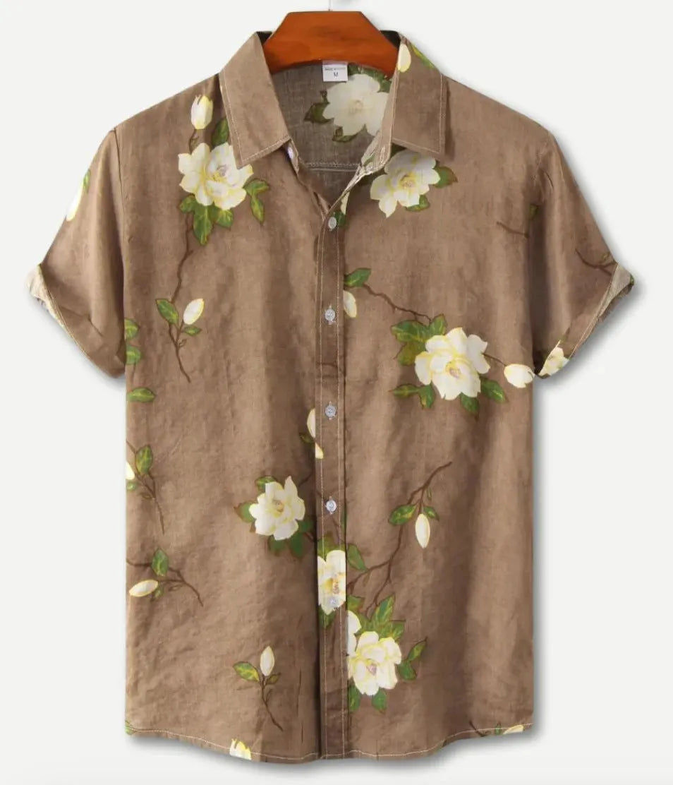 Man's short sleeve Hawaiian floral print shirt with a cardigan lapel, shown in one of 17 available colours.