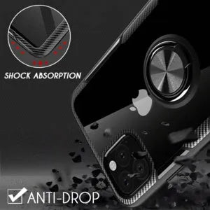 Black PU and PC protective case fitted on an iPhone 11 Pro Max, showing button and port access.