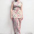 Long sleeve high waisted printed chiffon dress set shown in picture colour.