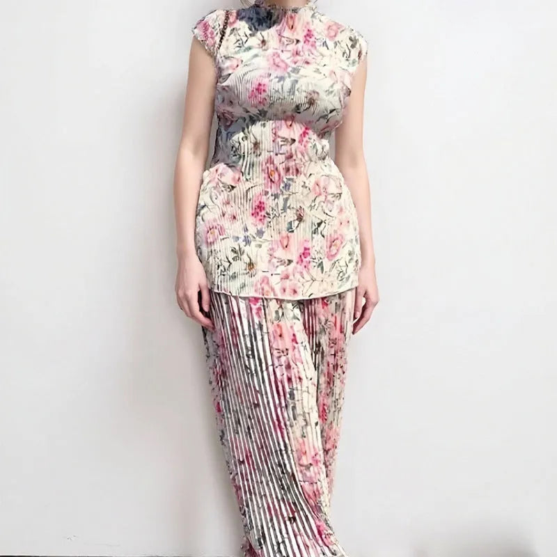 Long sleeve high waisted printed chiffon dress set shown in picture colour.
