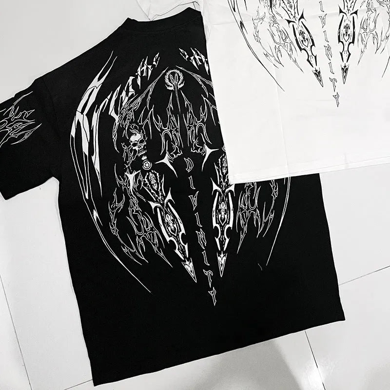Dark coloured plus size cotton short sleeve t-shirt with gilding decoration