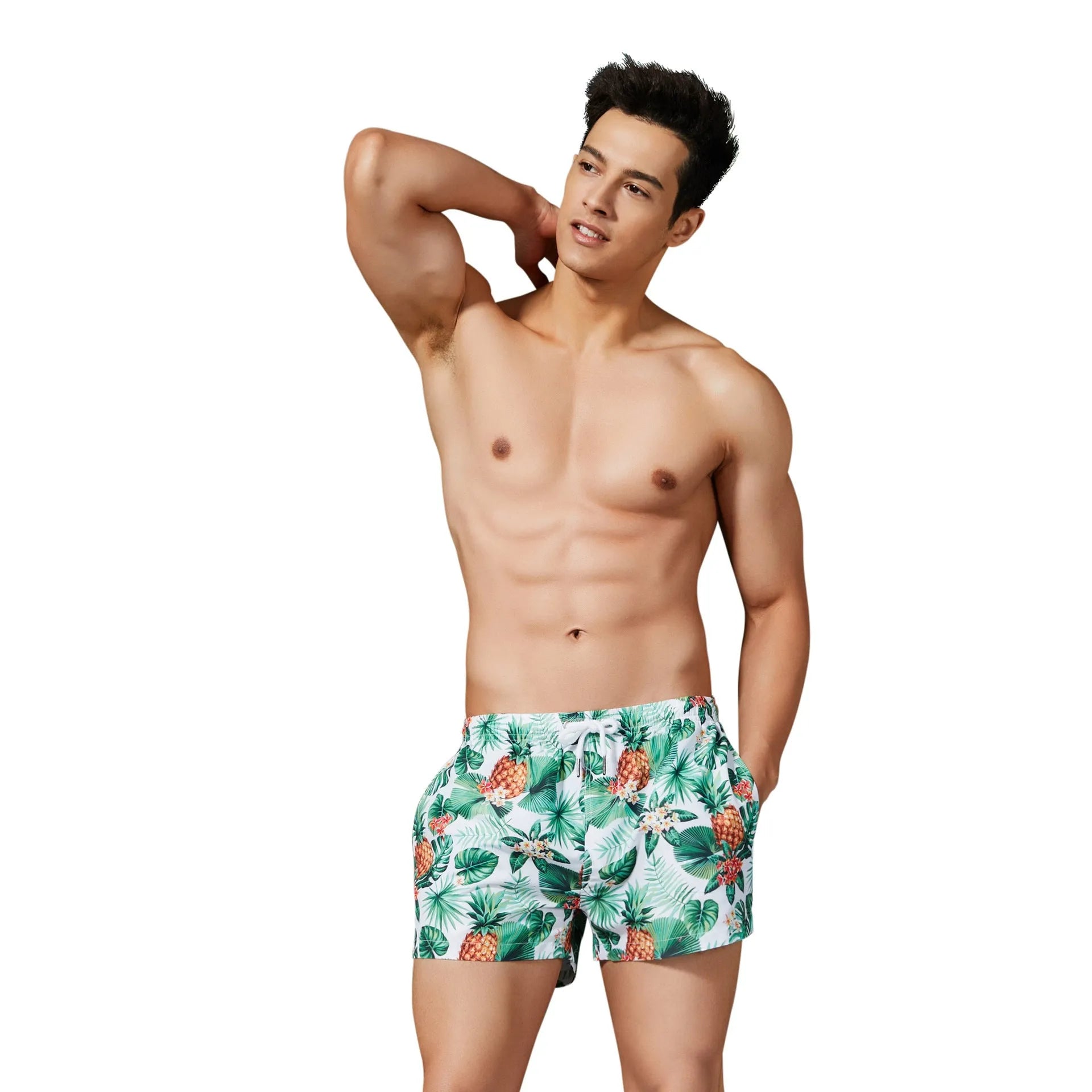Green polyester large yard beach pants with elasticated waist and drawcord, laid flat