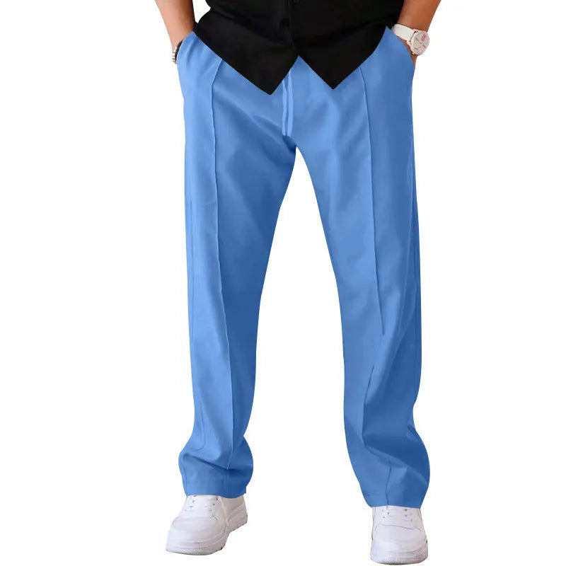 Men's loose straight trousers in waffle polyester with drawstring, available in multiple colours including black and light grey