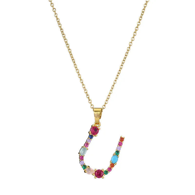 Copper micro-set zirconium English letter initial pendant with matching chain, light luxury style