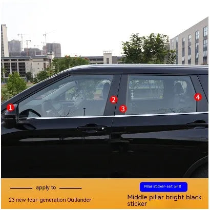 Pre-cut protective film set for 23 Outlander window pillars in carbon fibre pattern and bright black finishes.