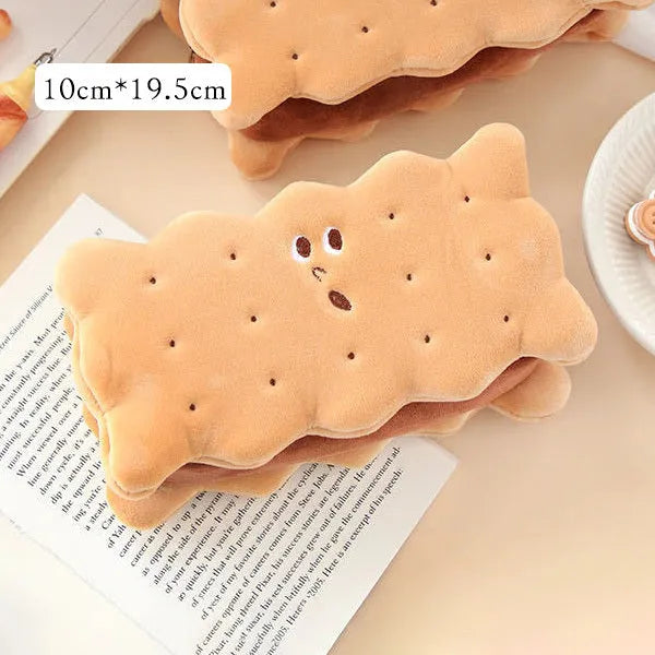 Plush sandwich biscuit pencil bag in cookie design, soft cartoon pencil case for stationery storage