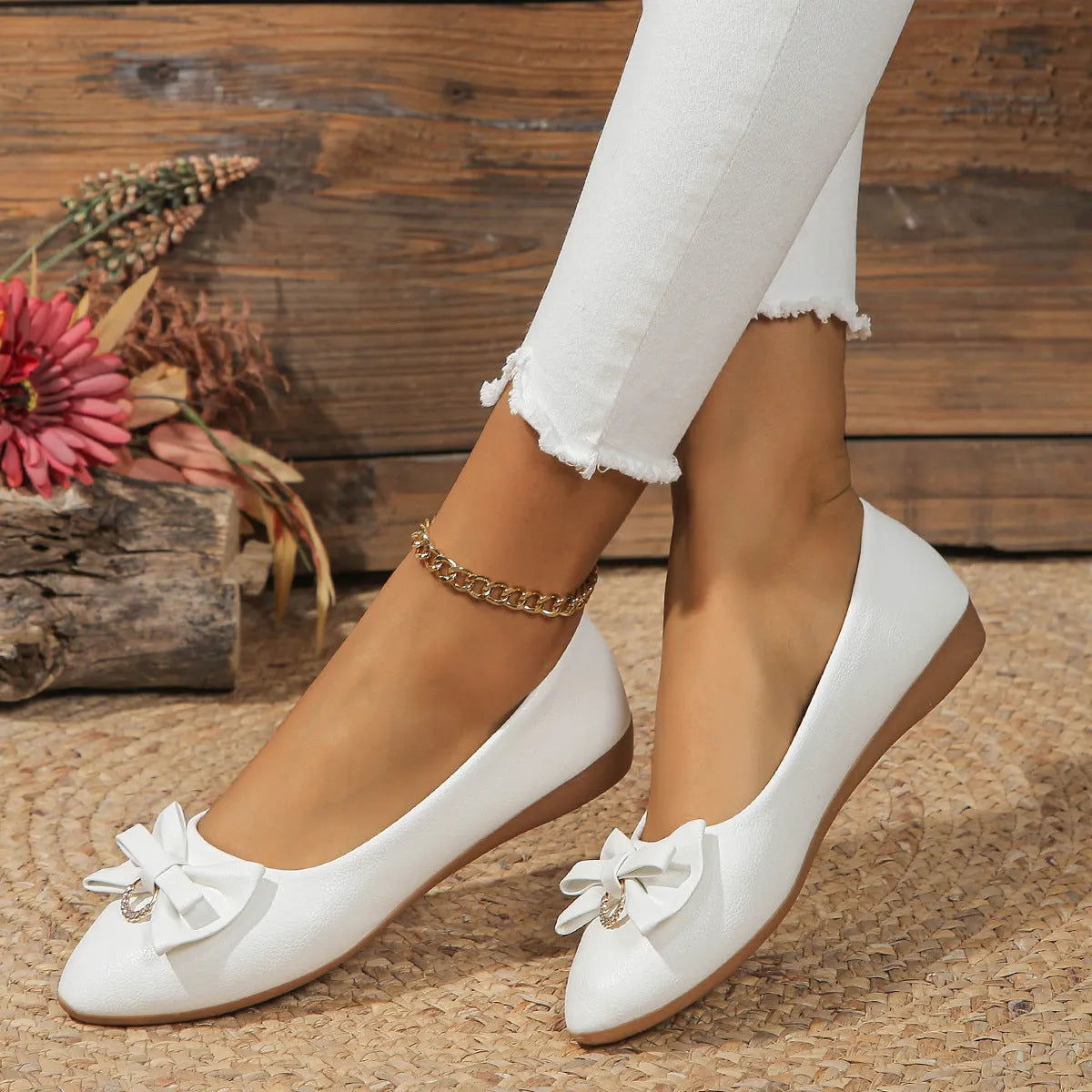 Women's beige casual loafers with bowknot detail and shallow mouth slip-on design