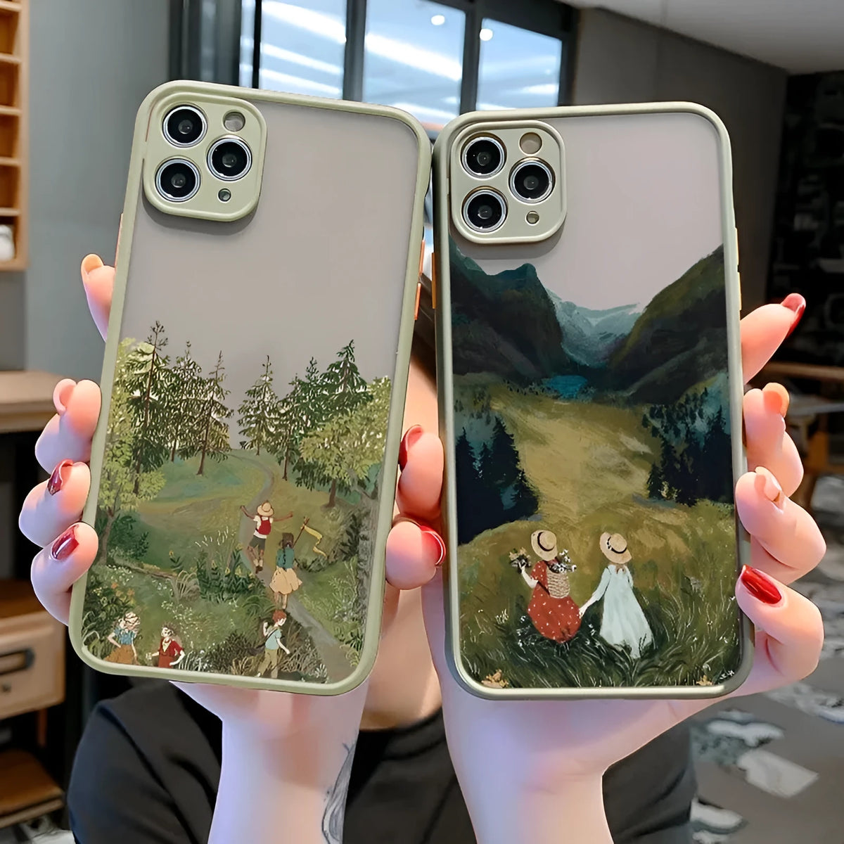 Vintage cartoon scenery girl phone case for iPhone models with Japan and South Korea style, options A B C