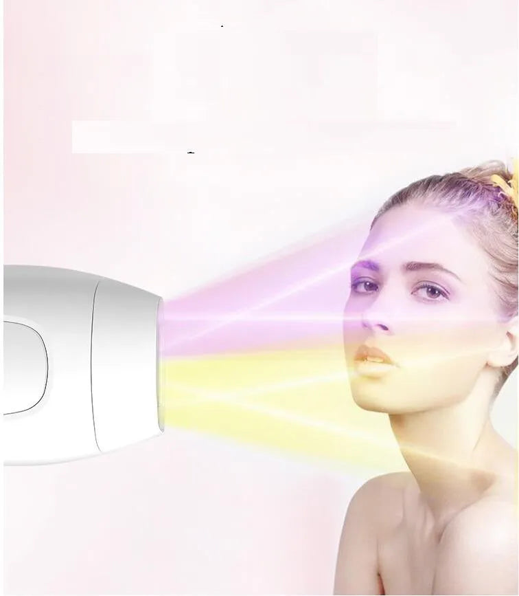 Black laser hair removal device with UK plug and control buttons, suitable for home use on face and body