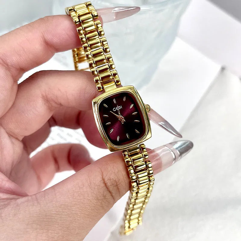 Small gold decorative watch with alloy case and strap, 8mm thick, gold face