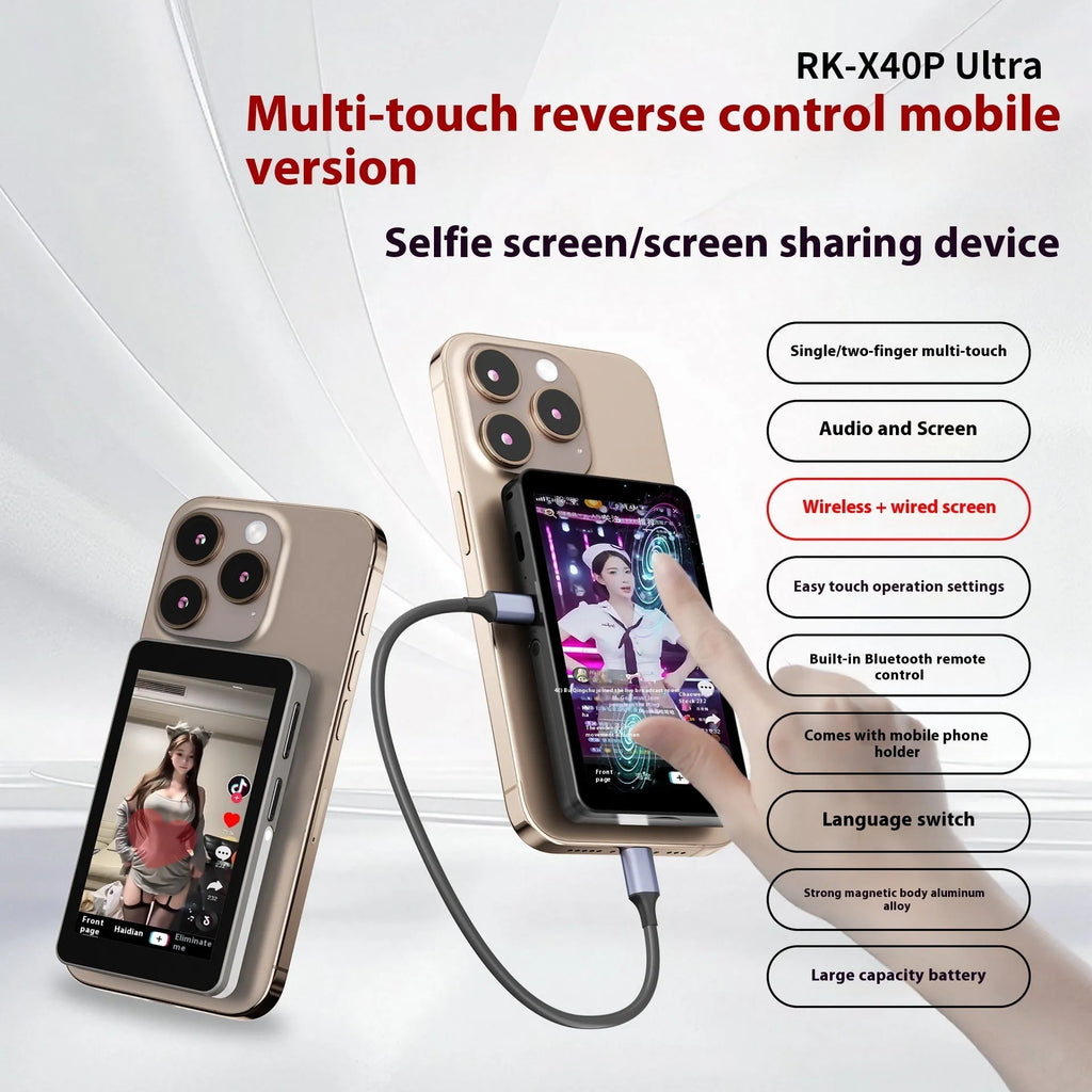 Rear magnetic suction selfie monitor with 4-inch touch screen and aluminium alloy body in black or grey
