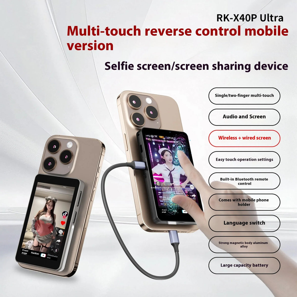 Rear magnetic suction selfie monitor with 4-inch touch screen and aluminium alloy body in black or grey