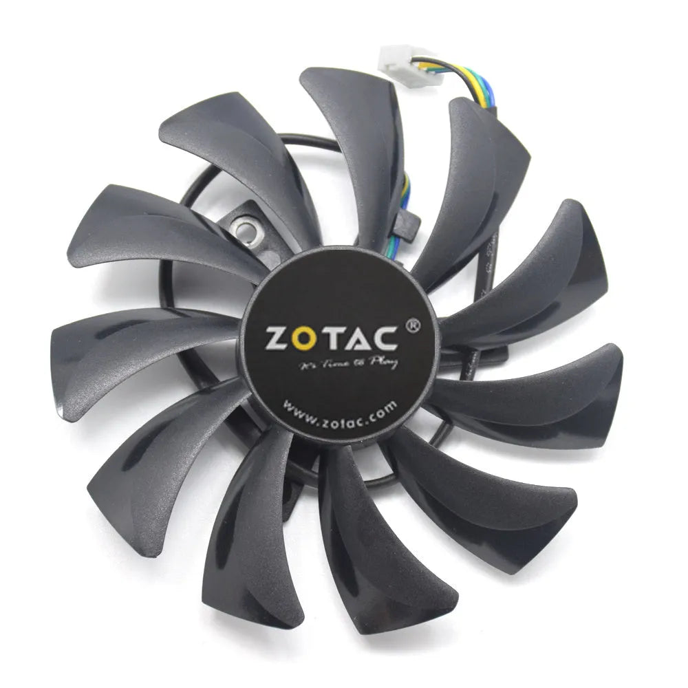 Black 85mm graphics card cooling fan with 4-pin connector and 40mm mounting holes, model T129215SU by inRobert