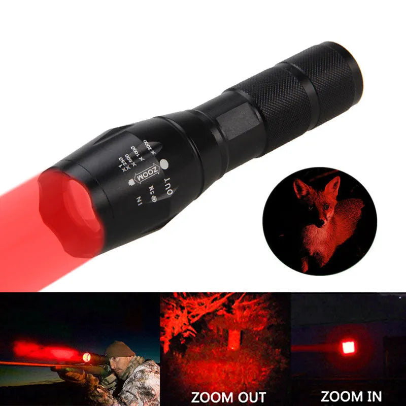 Black aluminium alloy zoomable focus LED torch with antiskid grip on a textured surface.